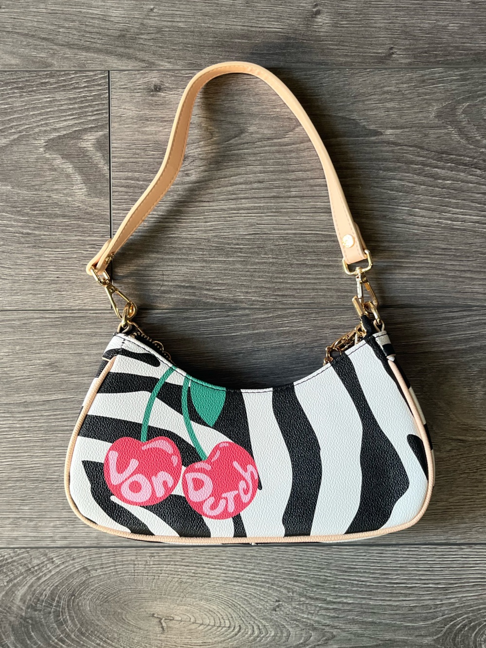 RARE Von Dutch Zebra Print Cherry Accent Mini Shoulder Bag with Charms